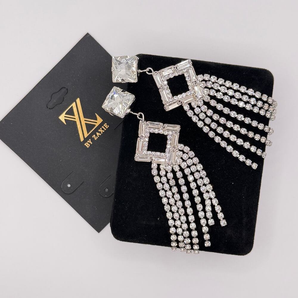 Z By Zaxie Crystal Fringe Chandelier Earrings Rhinestone Statement Glam